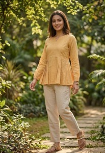 Conjunto de Top Peplum de Lino y Pantalones Rectos para Mujer, Estilo Casual Chic, Mezcla de Algodón Pastel, Cómodo para Uso Diario - Product Image 4