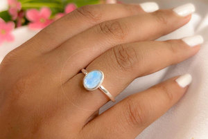 Handmade Moonstone Oval <b>Ring</b> <b>Set</b> <b>Gold</b> & Silver Flash Stone Minimalist Boho Healing Jewelry for Women - Product Image 3