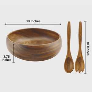 Ensemble de saladiers artisanaux en bois d'acacia hawaïen – Bol de service en bois de 10 pouces avec ustensiles – Cadeau de cuisine écologique - Product Image 2