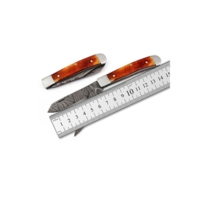 Couteau pliant à double lame en acier Damas fait main par PAK ENTERPRISES avec manche en bois - Product Image 5