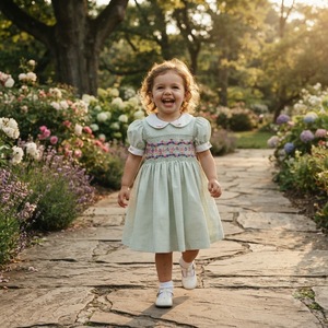 Robe mignonne à manches bouffantes, style anglais, imprimé géométrique, broderie smockée à la main, en polyester/coton, prix d'usine en gros, ODM/OEM - Product Image 1