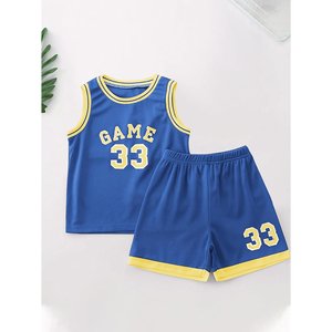 Ensemble de maillot de basket ODM bleu et jaune en mesh sans manches avec short pour garçons et enfants, respirant et confortable - Product Image 6