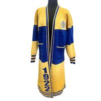 Cardigan long en tricot personnalisé pour femme, motif Sigma Gamma Rho, bleu et or, 1922, avec écusson brodé, pour sororité grecque