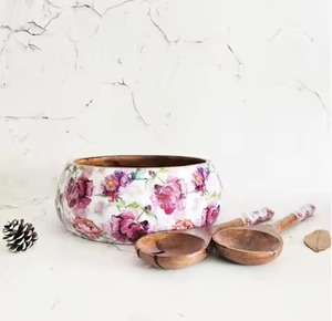 Tazón para ensalada de madera maciza rústica con estampado de hojas en esmalte, plato ecológico para servir frutas, para hoteles, bodas, decoración de mesa. - Product Image 3