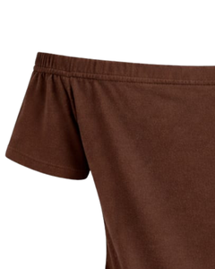 T-shirt marron chocolat pour femme, épaules dénudées, manches courtes, coupe ajustée, décontracté, été, en coton doux, fabrication sur mesure - Product Image 5
