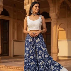 Pantalones Palazzo Azules con Estampado Floral, Pantalones Anchos de Algodón con Volantes, Estilo Bohemio Indio Étnico Festivo Natural para Mujer - Product Image 6