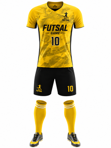 ผู้ผลิตเสื้อฟุตซอลแบบกำหนดเอง พิมพ์ลายด้วยความร้อน แห้งเร็ว ระบายอากาศได้ดี ผ้าโพลีเอสเตอร์ 100% คอวี แขนสั้น ผ้าตาข่าย - Product Image 1