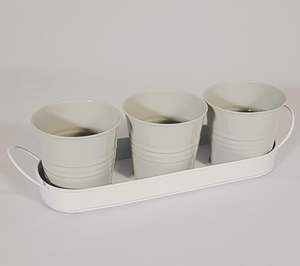 Grand pot en métal blanc doux avec plateau assorti, pot de fleurs d'intérieur pour la décoration du jardin - Product Image 5