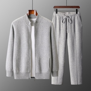 Men's Gray Knit Tracksuit Set Full Sleeve Zipper Front Casual Jogger Pants Solid Color Stand Collar Autumn Wear - Product Image 1