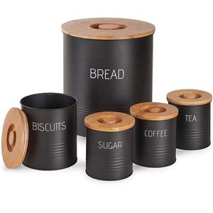 Black Metal Kitchen <b>Canisters</b> Set With Bamboo Lids <b>Tea</b> Coffee Sugar Storage Containers 3 Piece Easy To Clean - Product Image 4
