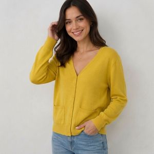 Women's Yellow Knitted V-Neck <b>Cardigan</b> Long Sleeve <b>Button</b> Front Casual Solid Color Pocket Design Regular Fit All Seasons - Product Image 2