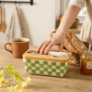 Green <b>Check</b> Design Ceramic Butter Dish With Wooden Lid For Daily Use Kitchen <b>Table</b> Elegant Butter Storage From India - Product Image 4