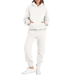 <b>Women</b> <b>White</b> Hooded Sweatshirt Tracksuit Set Casual Regular Fit Full Length Solid Color Cotton <b>Joggers</b> Side Pockets Winter - Product Image 1