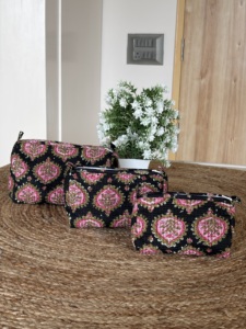 Eco-Friendly Vintage Cotton Block Printed <b>Large</b> Water Resistant Lightweight <b>Makeup</b> Cosmetic <b>Bag</b> Set with Zipper Closure 3 PCS - Product Image 4