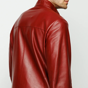 Chaqueta de Motociclista Delgada de Cuero Genuino Rojo para Hombre, Cuello Alto, Cierre de Cremallera, Manga Regular, Color Sólido, para Otoño - Product Image 3
