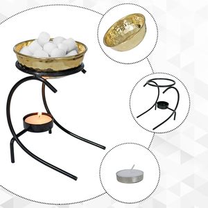 Handmade Brass Bowl Oil Burner with Black Metal Stand and <b>Tealight</b> Candle <b>Holder</b> Decorative Aromatherapy Wax Warmer - Product Image 4