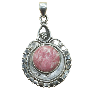 Colgante de Rodonita Rosa Natural Hecho a Mano en Plata de Ley 925, Joyería Boho Vintage, Gema Cabujón Redonda, Regalo para Ella - Product Image 1
