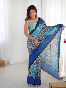 Sari con estampado de cebra azul y negro con diseño floral, ropa tradicional india para mujer, ropa informal, tela de poliéster - Product Image 6