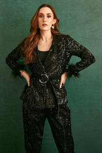 Ensemble pantalon et blazer pour femme, très résistant, orné de paillettes, avec ceinture à plumes, tenue deux pièces sexy pour club, manches longues - Product Image 5