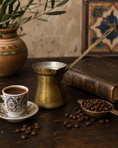 หม้อกาแฟตุรกีทองแดงตีลายโบราณ พร้อมด้ามจับไม้แกะสลัก - Product Image 2