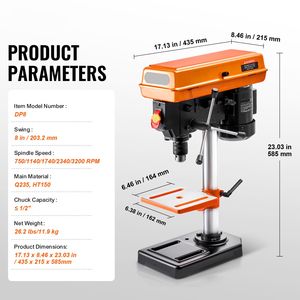 Trapano a Colonna da Banco Regolabile 620/1140/1740/2340/3100 RPM 2.5A con Motore a Induzione, 8 Modalità di Foratura - Product Image 4