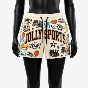 Shorts de sport en molleton de coton épais pour femme, couleur crème, imprimé graphique multicolore, shorts de sport et de détente, logo personnalisé, shorts pour femme - Product Image 1