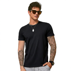 T-shirt décontracté pour homme, bleu, manches courtes, col rond, coupe classique, couleur unie, jersey tricoté en coton - Product Image 3