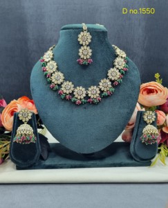Flower Designer <b>Link</b> Necklace Set With Earrings & Tika Crystal Beaded Droplets Fashion <b>Jewellery</b> Set Festive Wear <b>Jewellery</b> Sets - Product Image 2
