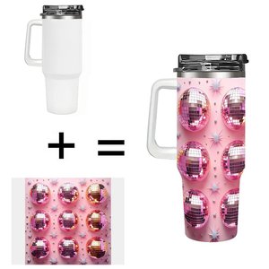 Vaso de acero inoxidable de 40 oz con asa y diseño de bola de discoteca rosa para uso en la oficina - Product Image 1