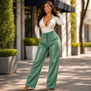Pantalon large en cuir gaufré crocodile, pantalon taille haute tendance pour femme, pantalon de motard, vêtement d'extérieur de luxe, pantalon de club - Product Image 3