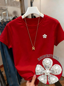 Camiseta de Mujer con Motivo Floral de Pedrería, Color Rojo Brillante, Cuello Redondo, Corte Holgado, 100% Algodón, Estilo Informal, Impresión DTG - Product Image 5