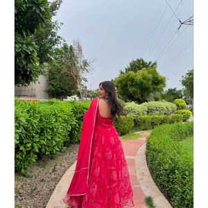 Digital Printed Anarkali <b>Gown</b> Set in Georgette Chiffon Including Bottom and Dupatta with Floral Print - Product Image 2