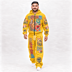 <b>Yellow</b> Colorful Graphic Tracksuit Unisex Full Zip <b>Hoodie</b> Wide Leg Pants Set Custom Label Relaxed Fit Casual Streetwear Wholesale - Product Image 4