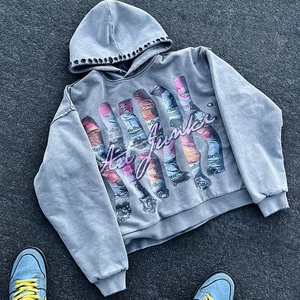 เสื้อฮู้ดดี้ดีไซน์เนอร์แบบทำสีซีดสไตล์วินเทจ พิมพ์ลายกราฟิก ทรงโอเวอร์ไซส์ ชายเสื้อแบบริบ สำหรับผู้ชาย รุ่นครอป - Product Image 1