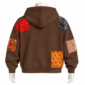 Sweat à capuche zippé marron en patchwork tapisserie, coupe oversize, avec patchs imprimés, style streetwear décontracté - Product Image 2