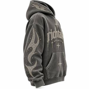 Sweat-shirt à capuche pour homme, orné de strass, style streetwear, coupe classique, gris uni, coton French Terry, hiver, éco-responsable - Product Image 3