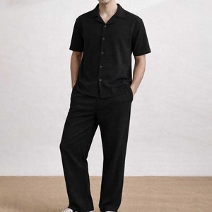 Men Casual High Quality Men Black Two-Piece Set Short Sleeve Button-Up Shirt Relaxed <b>Pants</b> Casual Co-ord Outfit OEM Custom Logo - Product Image 1