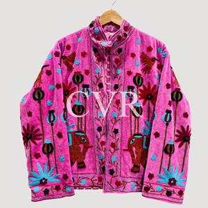 Abrigo de Terciopelo Rosa con Bordado Floral a Mano, Cuello Mao, Manga Larga, Ropa Exterior Informal de Otoño para Mujer - Product Image 2