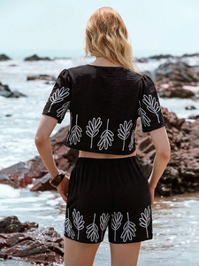 ชุดเซ็ตสองชิ้นผ้าฝ้ายสีดำปักลายสไตล์ลำลองสำหรับฤดูร้อน ทรงเอไลน์ แขนกุด ผ้าชีฟอง รับผลิตแบบ OEM ขายส่งจากอินเดีย - Product Image 3