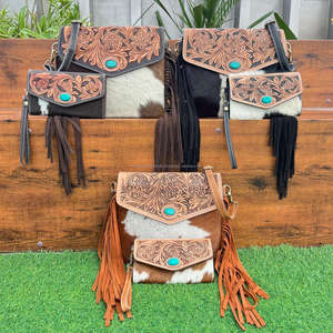 Hot Selling High Quality Durable Hand Tooled Genuine Cowhide Leather <b>Handbag</b> and Clutch Set Wholesale 2-Piece Combo for Women's - Product Image 4