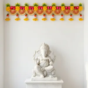 Yellow Pink Floral Toran with Pearl Beaded Medallions and Tassels Decorative Door Hanging for Festival <b>Home</b> Entrance Decor - Product Image 1