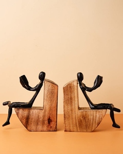 Modern design <b>cast</b> aluminum and Wooden Human Figurine Bookends Set Decorative Reading Man Book Holder customization available Mo - Product Image 3