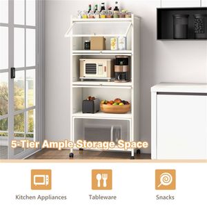 Carrello Porta Microonde a 5 Ripiani Bianco con Porte Antipolvere Ribaltabili, 4 Ruote e Freni, Scaffale per Cucina - Product Image 6