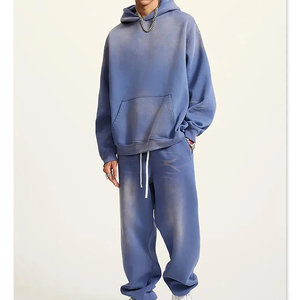 Ensemble de survêtement décontracté pour homme en coton bleu, coupe ample, couleur unie, avec sweat à capuche et pantalon à cordon de serrage, manches longues, idéal pour l'automne - Product Image 1