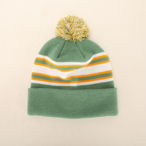2026 Harry Johnson Production Green Striped Beanie Hat with Pom Pom Knitted <b>Winter</b> <b>Cap</b> for Adults Casual Wear 100% Acrylic - Product Image 1