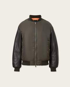 Blouson bomber vert foncé pour homme avec manches en cuir, fermeture éclair, col montant, vêtement décontracté pour l'automne - Product Image 1