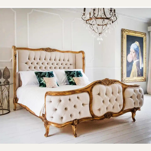 Ensemble de chambre à coucher en teck classique de luxe, lit rembourré en bois massif - Product Image 1