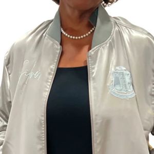Silver Satin <b>Jacket</b> Women Bomber Style Lightweight Fashion Outerwear Elegant Casual <b>Jacket</b> with Smooth Shiny Finish - Product Image 2