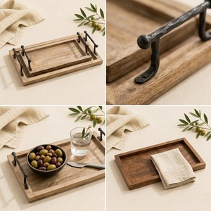 Handcrafted Natural Mango Wood Nesting Serving Tray Set With Industrial Iron Handles 2 Piece Set For Home Decor Coffee Table - Product Image 5