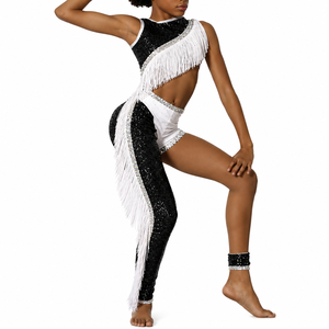 Costume de majorette à franges en sequins noir et violet pour femmes, tenue de danse pour adultes, vêtements de performance de haute qualité, coton spandex pour hommes, 220g - Product Image 2